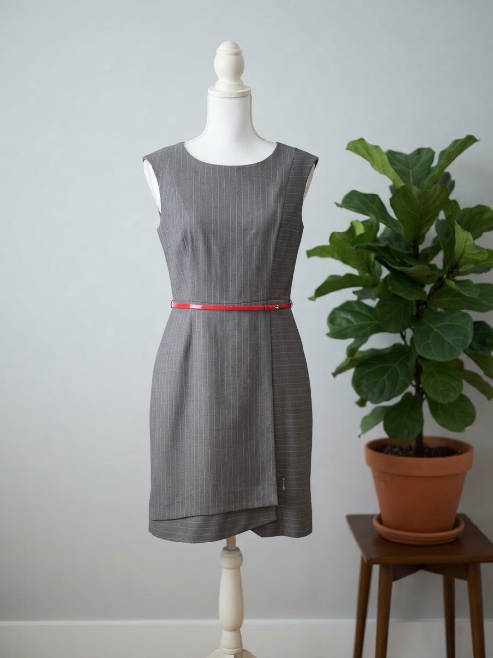 Calvin Klein Gray Pinstripe Sheath Dress with Red Belt